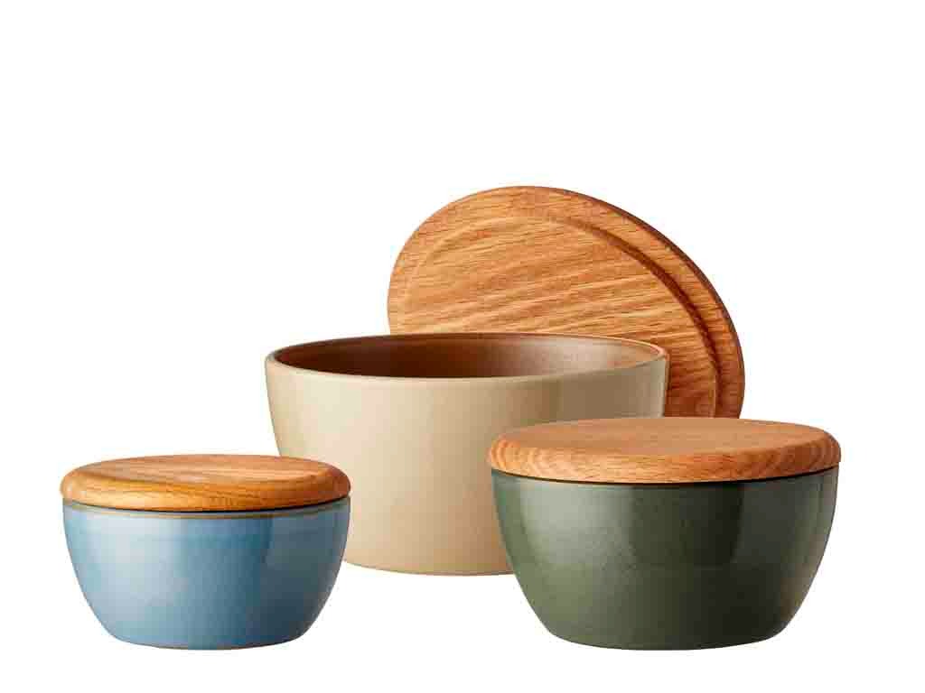 Bowl set with lid Wood 3 pcs Wood Asst. Stoneware/Oak