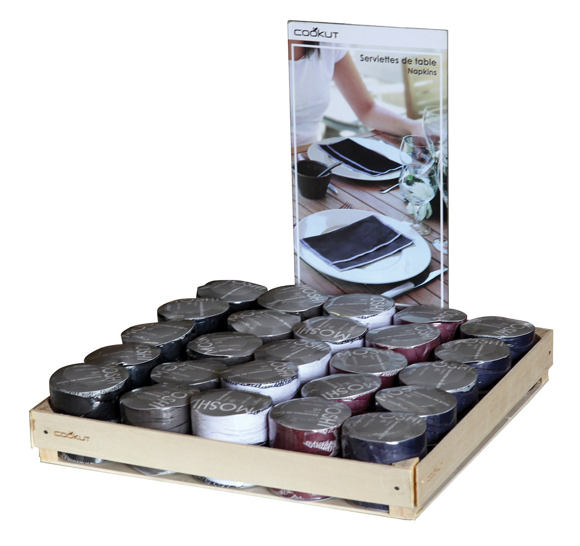 Moshi - Assortment of 50 packs of 6 napkins +wood displayn10x each color : black red blue white grey