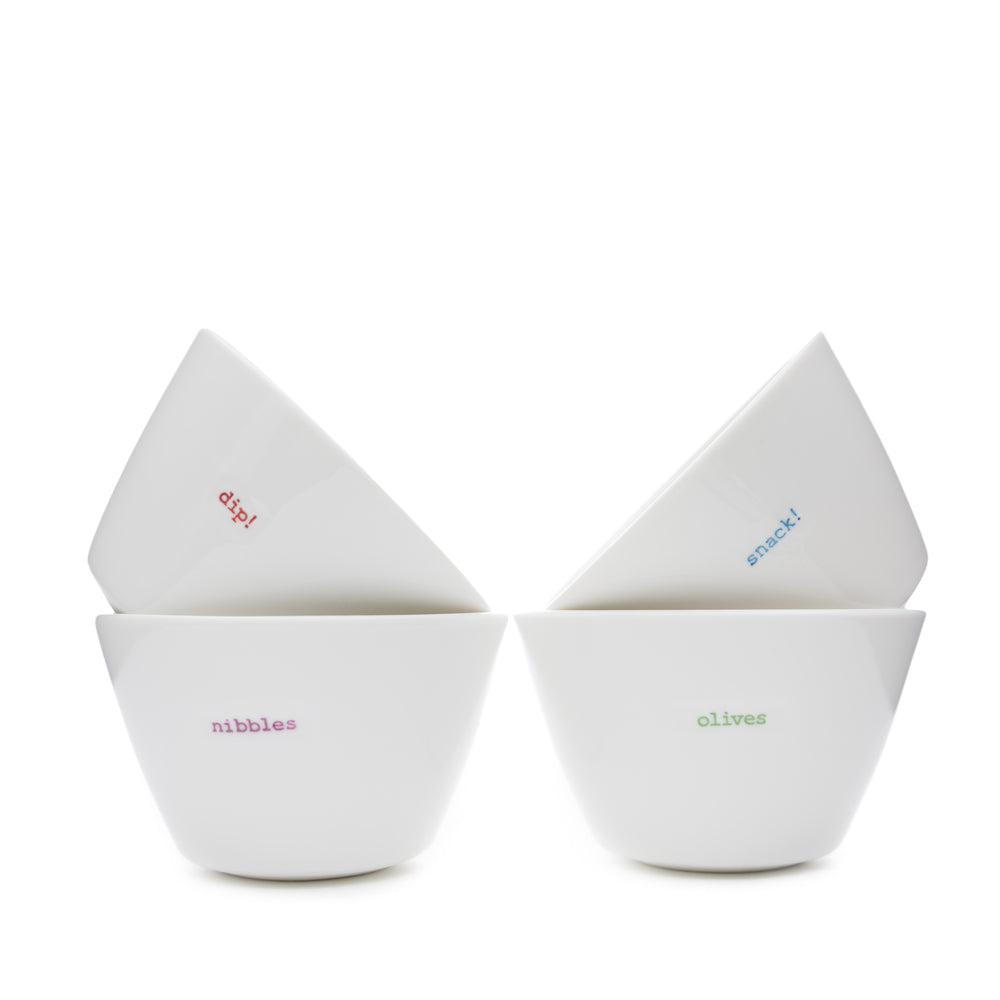Snack Bowls Small - 200ml - Set Of 4 - Olives (Green) Snack! (Blue) Nibbles (Lilac) Dip! (Red)