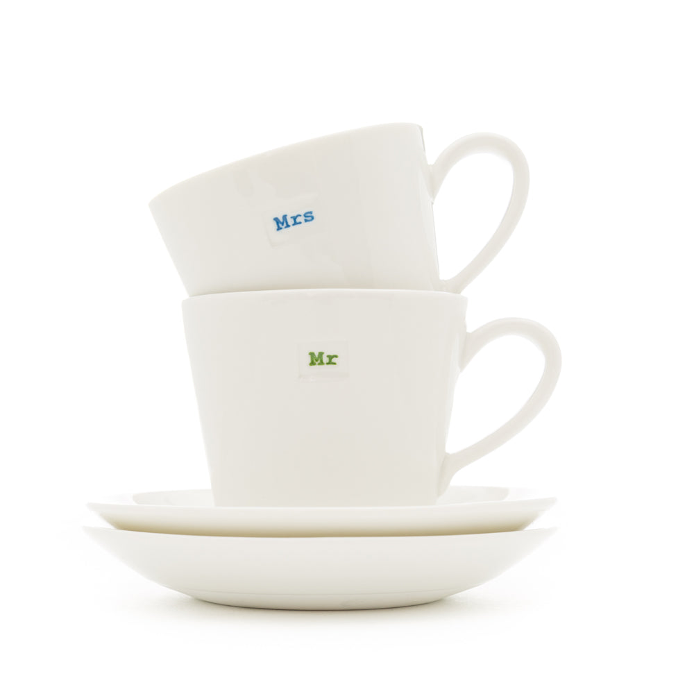 Espresso Cup & Sets - 100ml - Cup & Saucer Pair - Mr (Green) & Mrs (Blue)