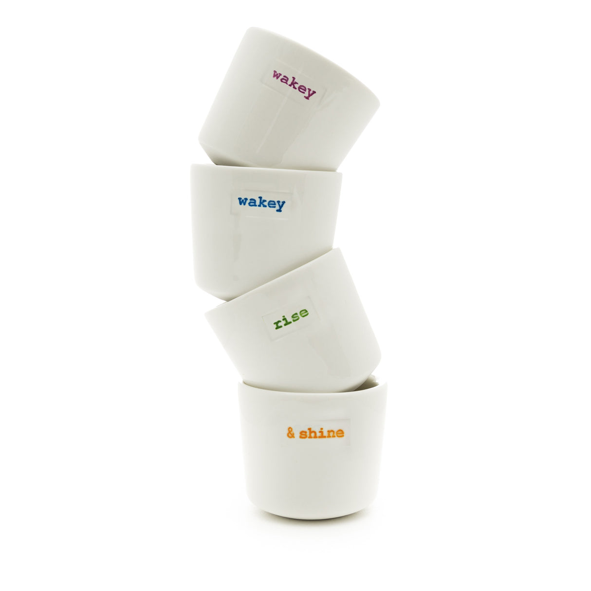 Egg Cup Set Of 4 - Wakey (Lilac) Wakey (Blue) Rise (Green) & Shine (Orange)