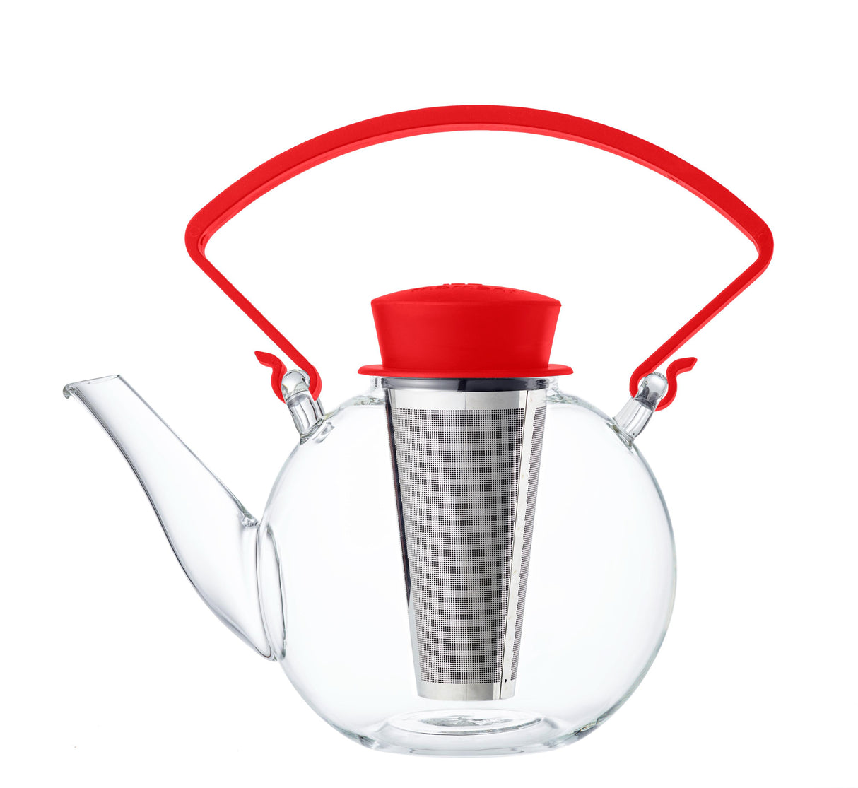 Glass teapot with clip handle & stainless steel filter - Red