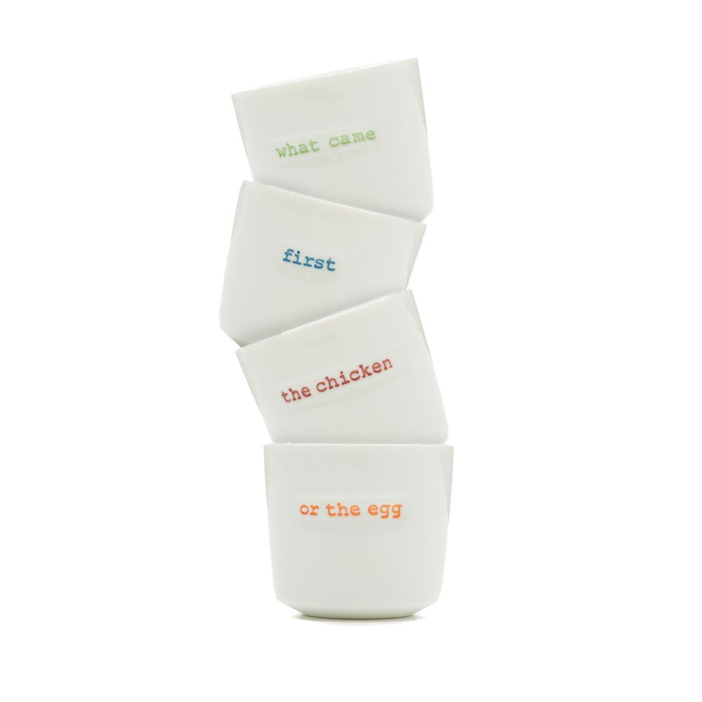 Egg Cup Set Of 4 - What Came (Green) First (Blue) The Chicken (Red) Or The Egg (Orange)